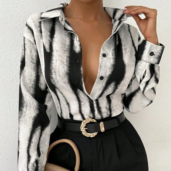 Black and White Casual Women's Long Sleeve Business Shirt - Picture 5 of 7